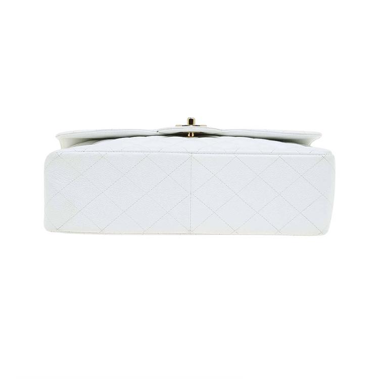 Pre Owned Chanel White Quilted Caviar Leather Jumbo Classic Single Flap Bag
