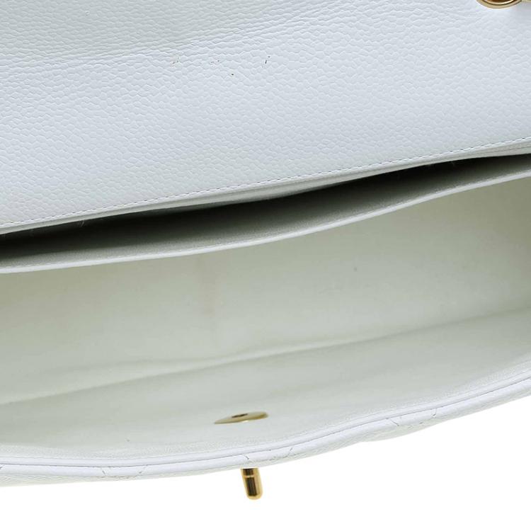 Pre Owned Chanel White Quilted Caviar Leather Jumbo Classic Single Flap Bag