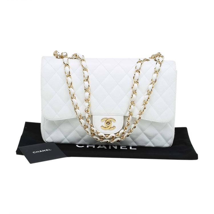 Pre Owned Chanel White Quilted Caviar Leather Jumbo Classic Single Flap Bag