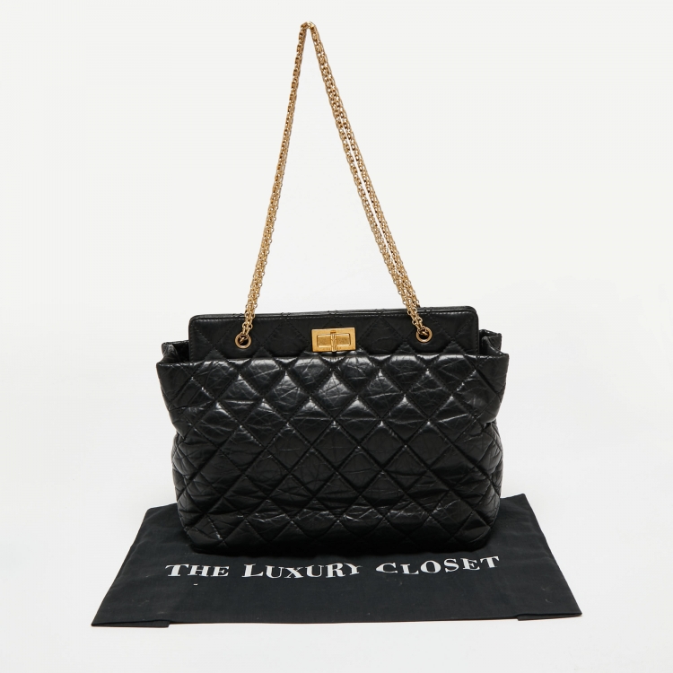 Pre Owned Chanel Black Quilted Crinkled Leather Reissue 2.55 Grand Shopping Bag