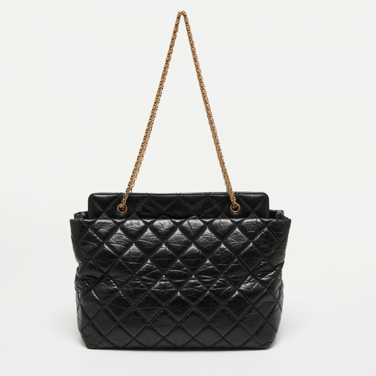 Pre Owned Chanel Black Quilted Crinkled Leather Reissue 2.55 Grand Shopping Bag