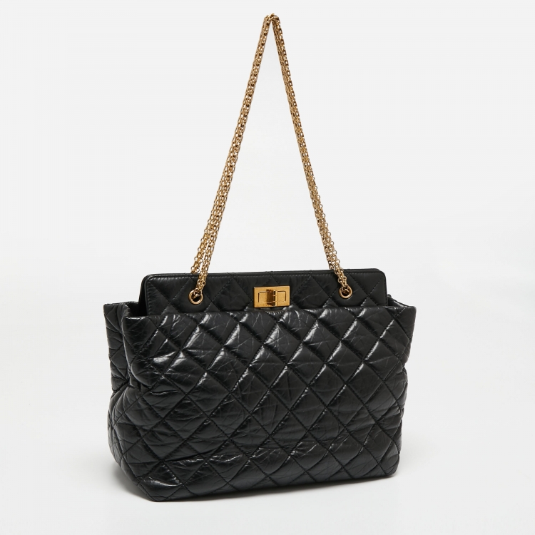 Pre Owned Chanel Black Quilted Crinkled Leather Reissue 2.55 Grand Shopping Bag