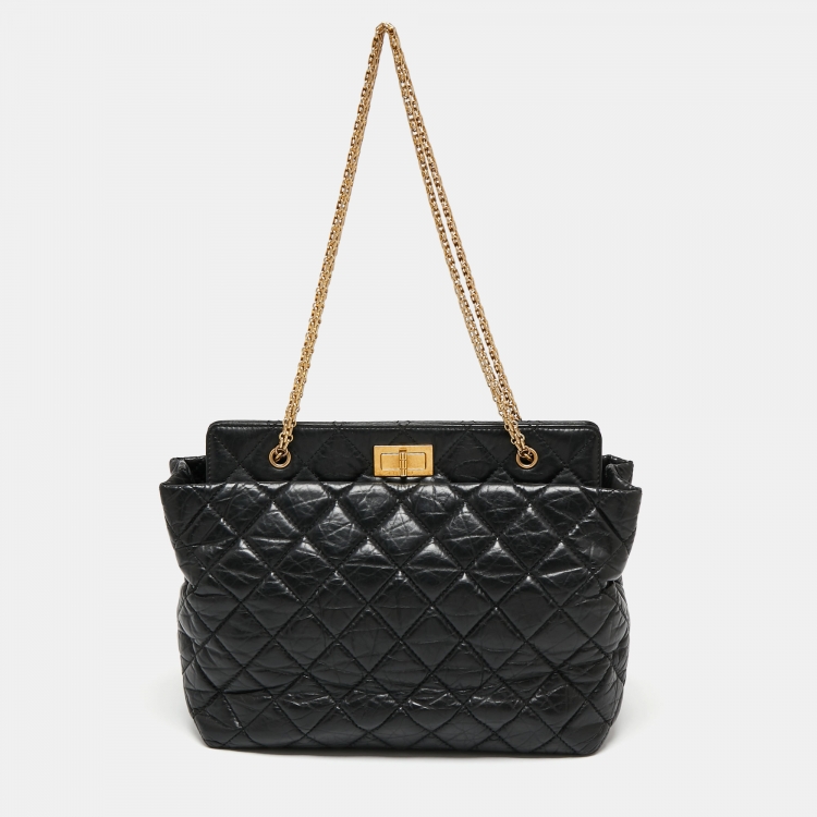 Pre Owned Chanel Black Quilted Crinkled Leather Reissue 2.55 Grand Shopping Bag