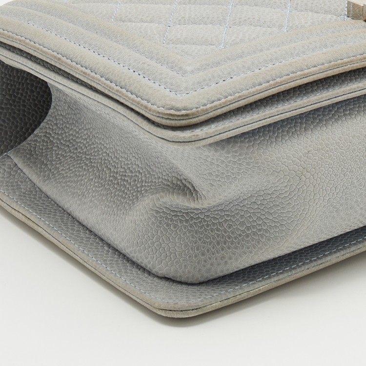 Pre Owned Chanel Grey Quilted Nubuck Leather Medium Boy Bag