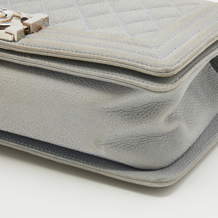 Pre Owned Chanel Grey Quilted Nubuck Leather Medium Boy Bag