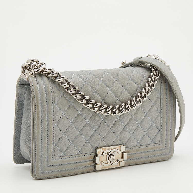 Pre Owned Chanel Grey Quilted Nubuck Leather Medium Boy Bag