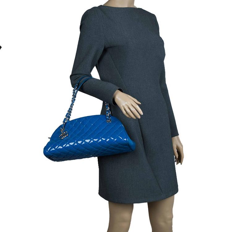 Pre Owned Chanel Blue Quilted Patent Medium Just Mademoiselle Bowling Bag