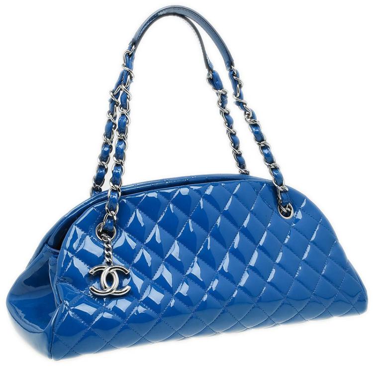 Pre Owned Chanel Blue Quilted Patent Medium Just Mademoiselle Bowling Bag