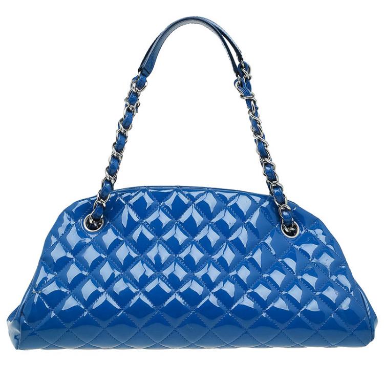 Pre Owned Chanel Blue Quilted Patent Medium Just Mademoiselle Bowling Bag