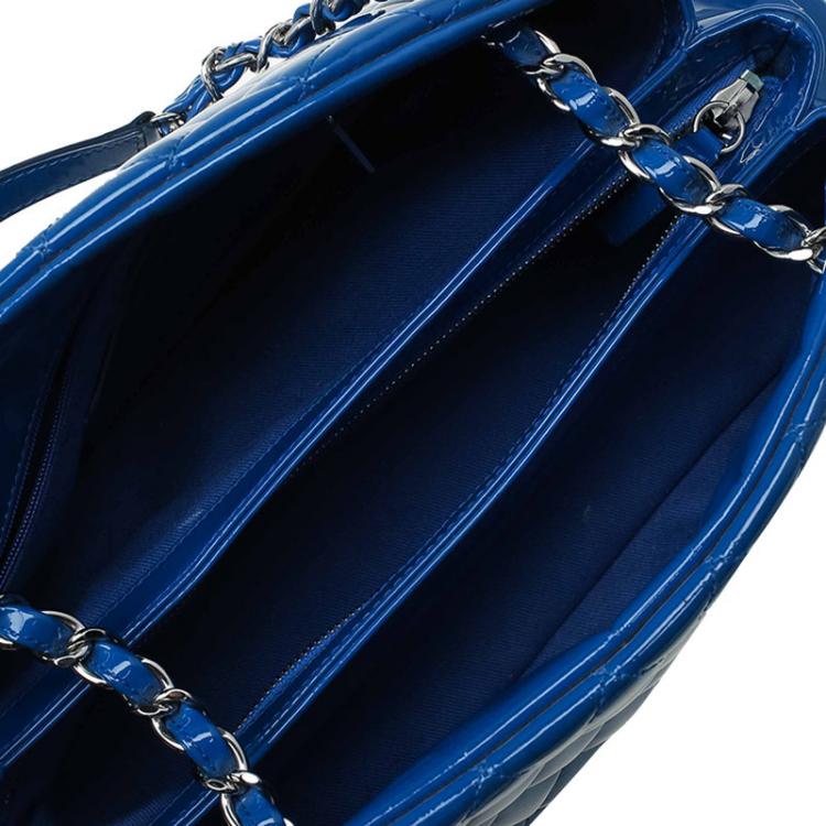 Pre Owned Chanel Blue Quilted Patent Medium Just Mademoiselle Bowling Bag