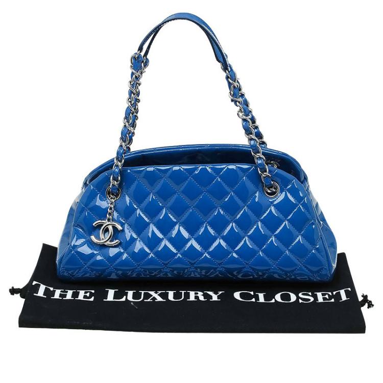 Pre Owned Chanel Blue Quilted Patent Medium Just Mademoiselle Bowling Bag