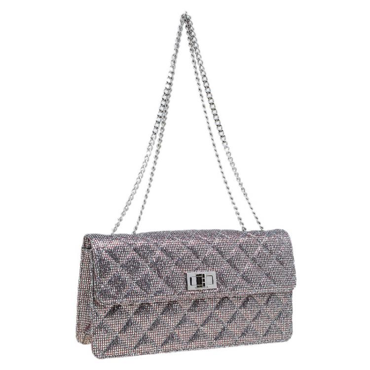 Pre Owned Chanel Quilted Silver Glitter Leather Reissue Shoulder Bag