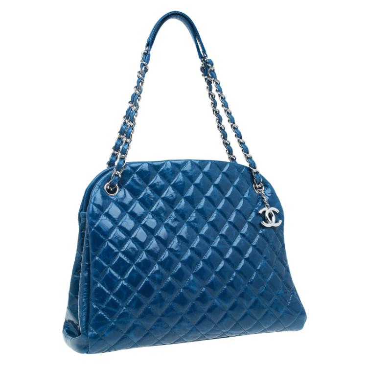 Pre Owned Chanel Blue Quilted Glazed Crackled Leather Large Mademoiselle Bowling Bag