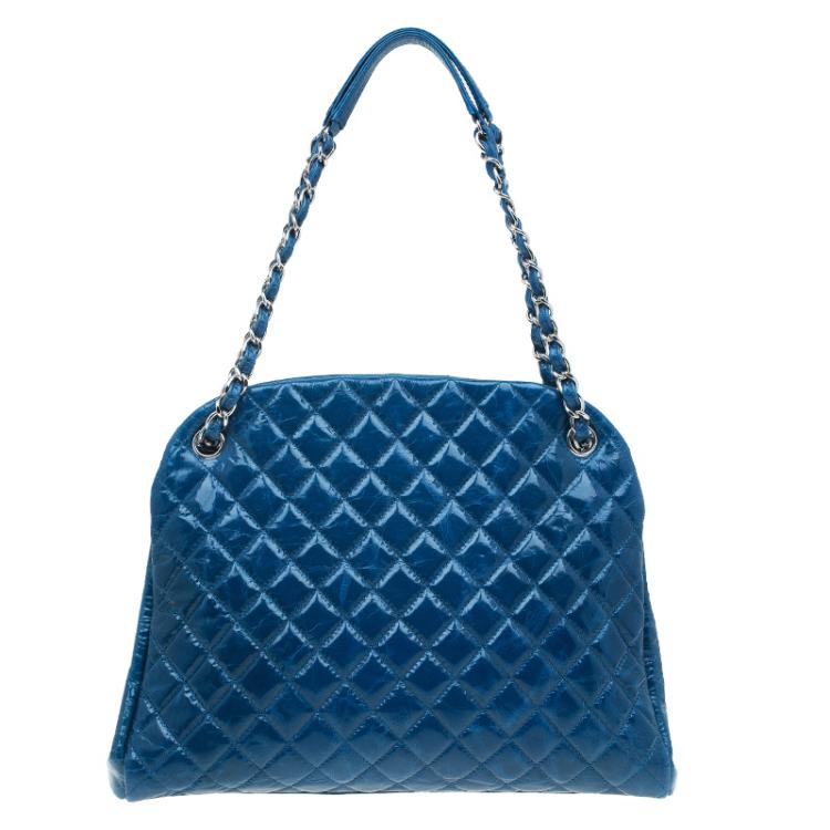 Pre Owned Chanel Blue Quilted Glazed Crackled Leather Large Mademoiselle Bowling Bag
