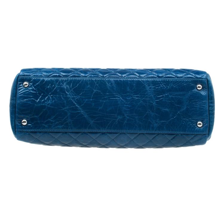 Pre Owned Chanel Blue Quilted Glazed Crackled Leather Large Mademoiselle Bowling Bag