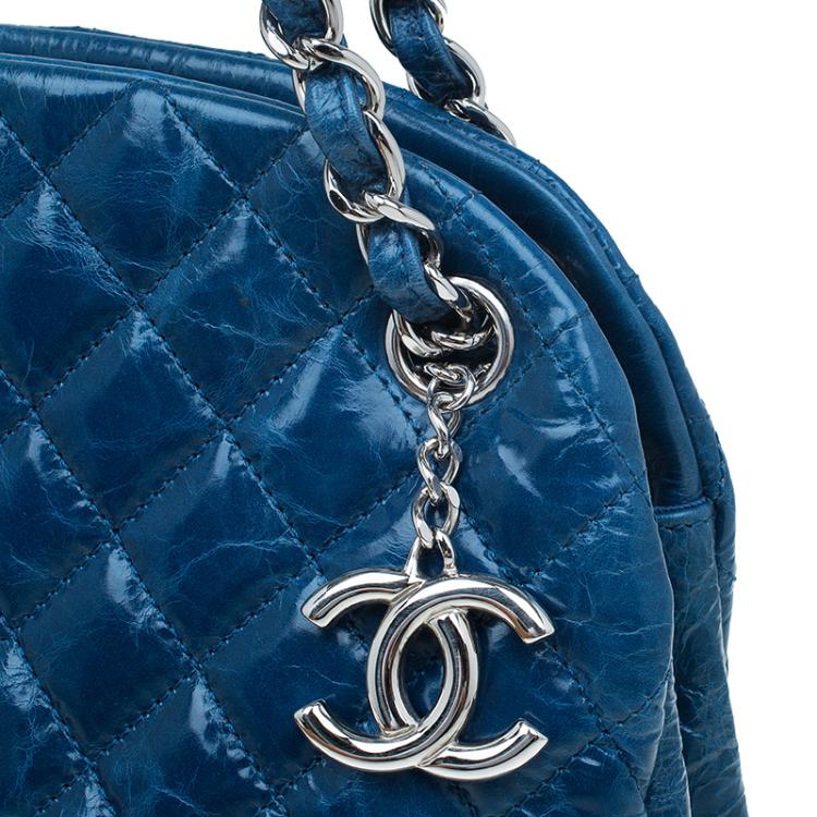 Pre Owned Chanel Blue Quilted Glazed Crackled Leather Large Mademoiselle Bowling Bag