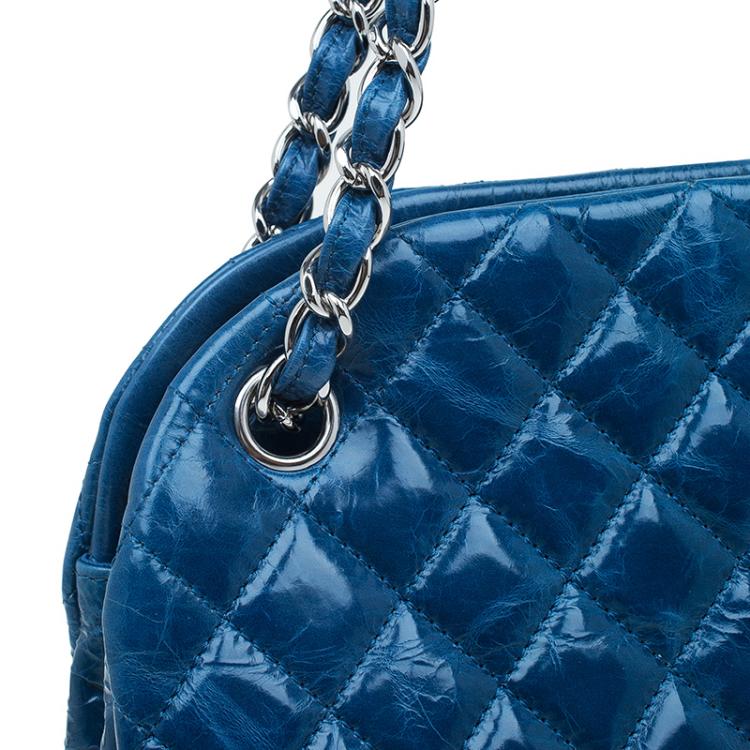 Pre Owned Chanel Blue Quilted Glazed Crackled Leather Large Mademoiselle Bowling Bag