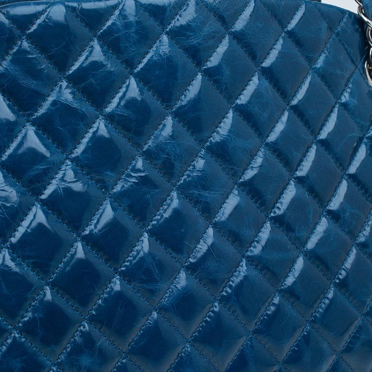 Pre Owned Chanel Blue Quilted Glazed Crackled Leather Large Mademoiselle Bowling Bag