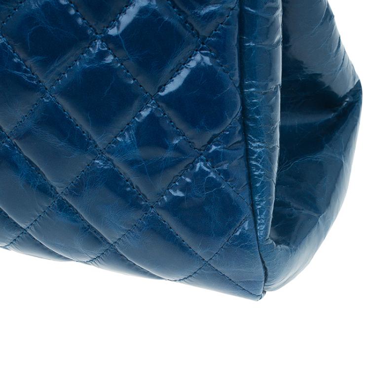 Pre Owned Chanel Blue Quilted Glazed Crackled Leather Large Mademoiselle Bowling Bag