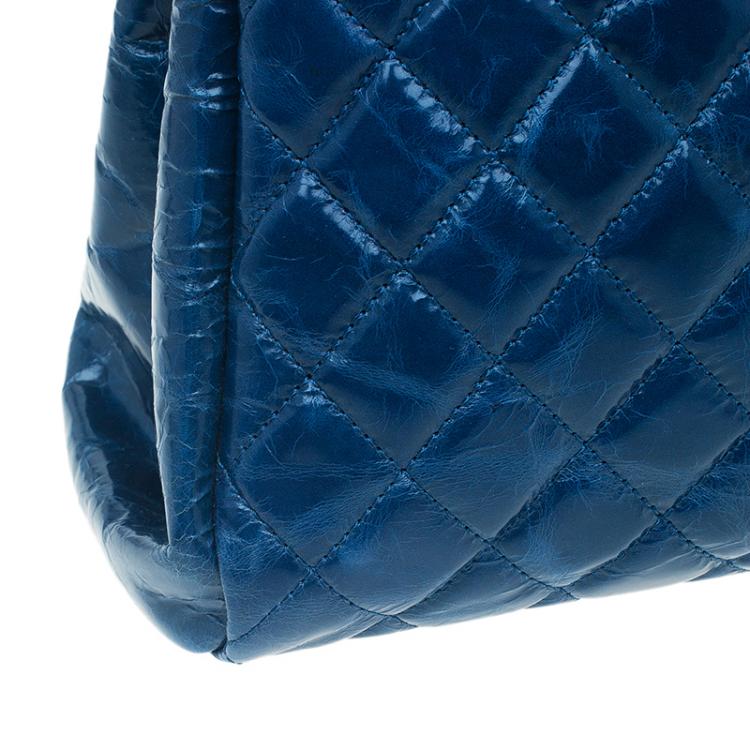 Pre Owned Chanel Blue Quilted Glazed Crackled Leather Large Mademoiselle Bowling Bag