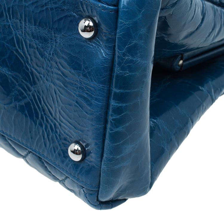 Pre Owned Chanel Blue Quilted Glazed Crackled Leather Large Mademoiselle Bowling Bag