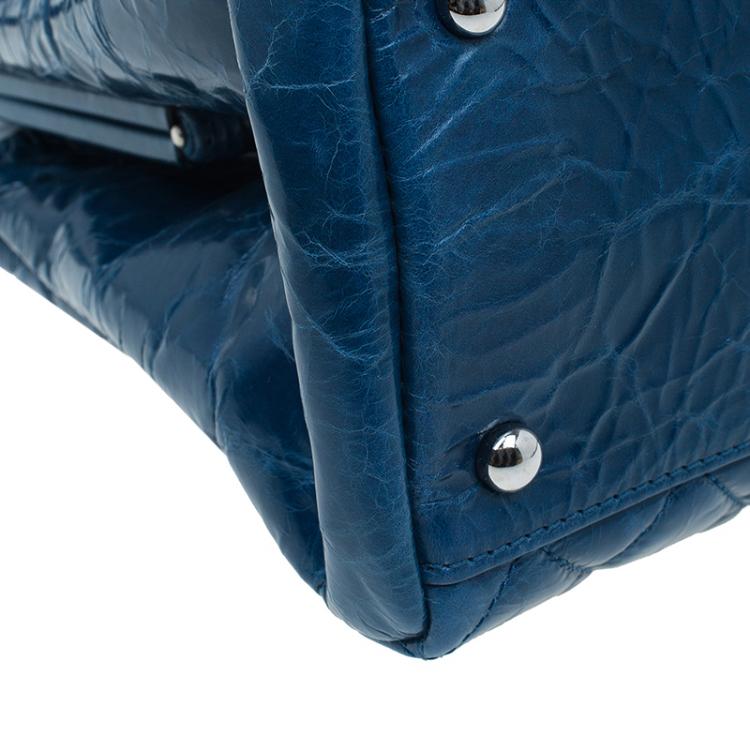 Pre Owned Chanel Blue Quilted Glazed Crackled Leather Large Mademoiselle Bowling Bag