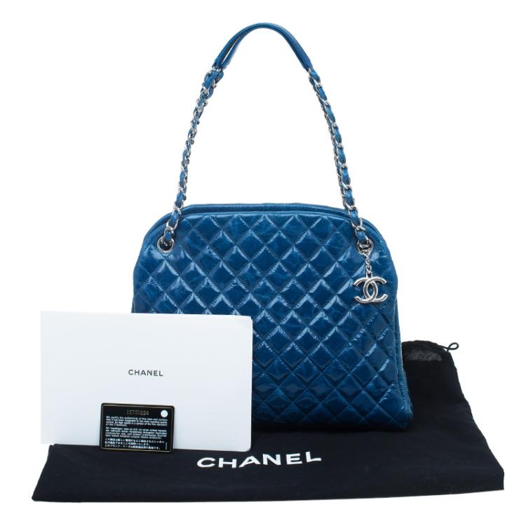 Pre Owned Chanel Blue Quilted Glazed Crackled Leather Large Mademoiselle Bowling Bag