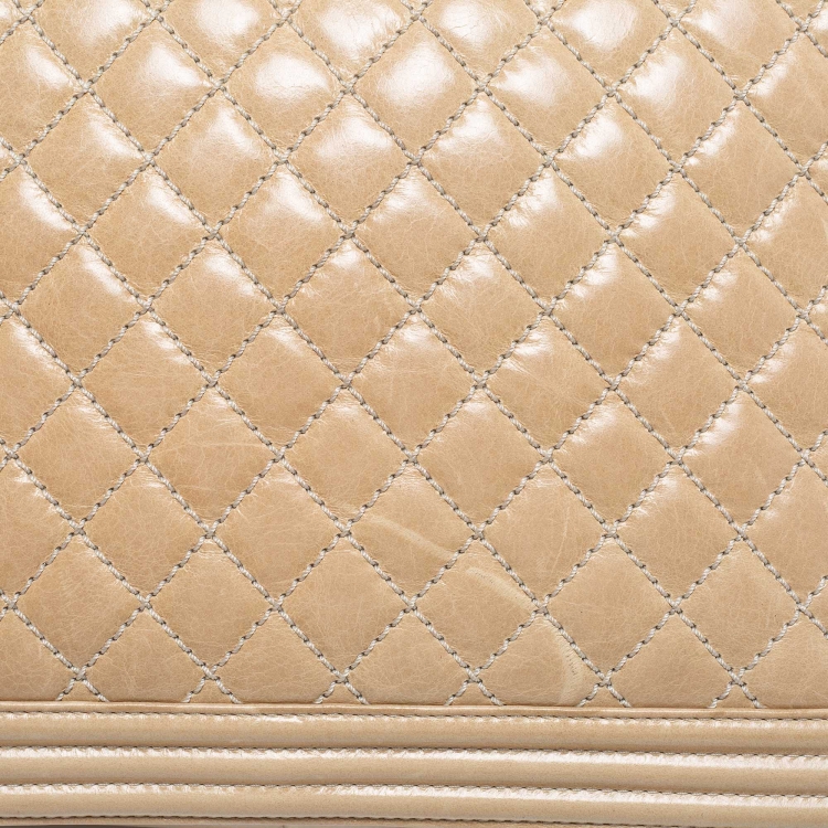 Pre Owned Chanel Two Tone Beige Quilted Glossy Leather Large Boy Flap Bag