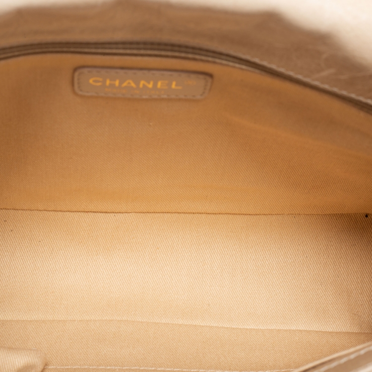 Pre Owned Chanel Two Tone Beige Quilted Glossy Leather Large Boy Flap Bag