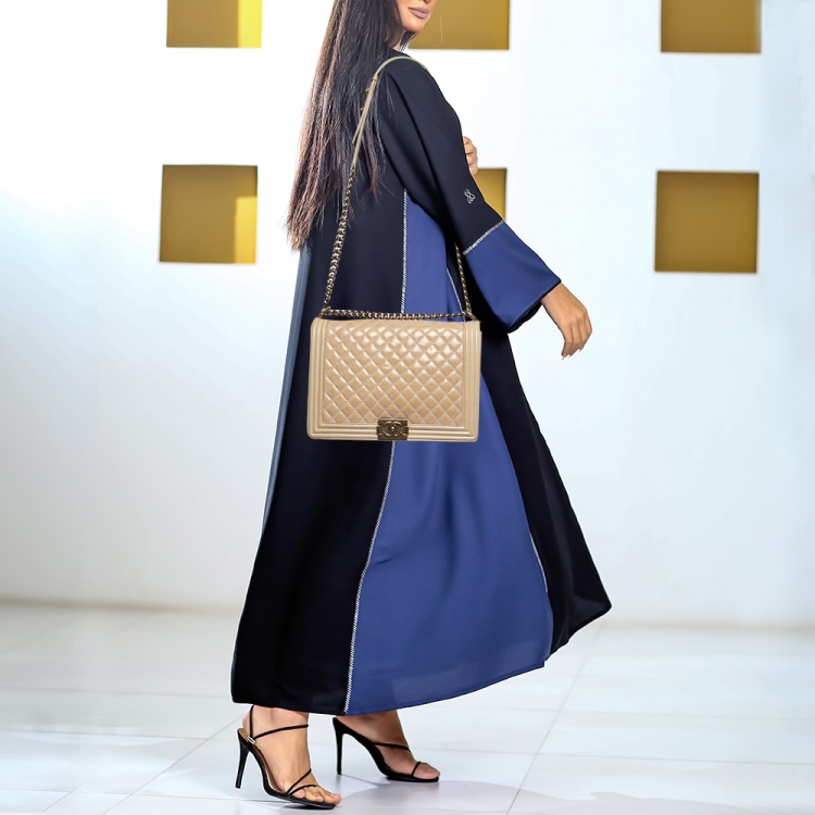 Pre Owned Chanel Two Tone Beige Quilted Glossy Leather Large Boy Flap Bag