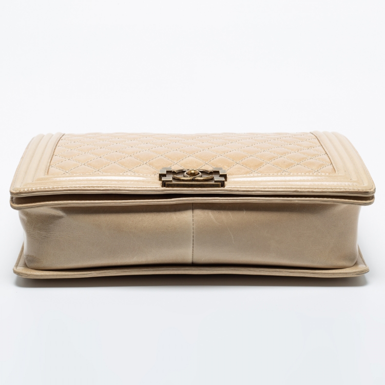 Pre Owned Chanel Two Tone Beige Quilted Glossy Leather Large Boy Flap Bag