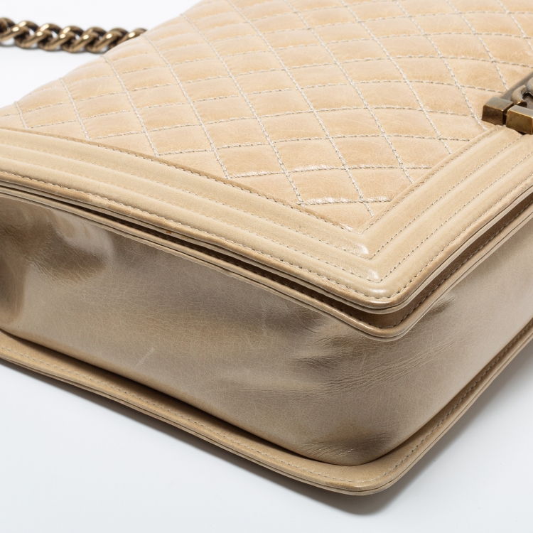 Pre Owned Chanel Two Tone Beige Quilted Glossy Leather Large Boy Flap Bag