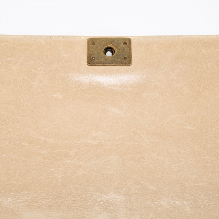 Pre Owned Chanel Two Tone Beige Quilted Glossy Leather Large Boy Flap Bag