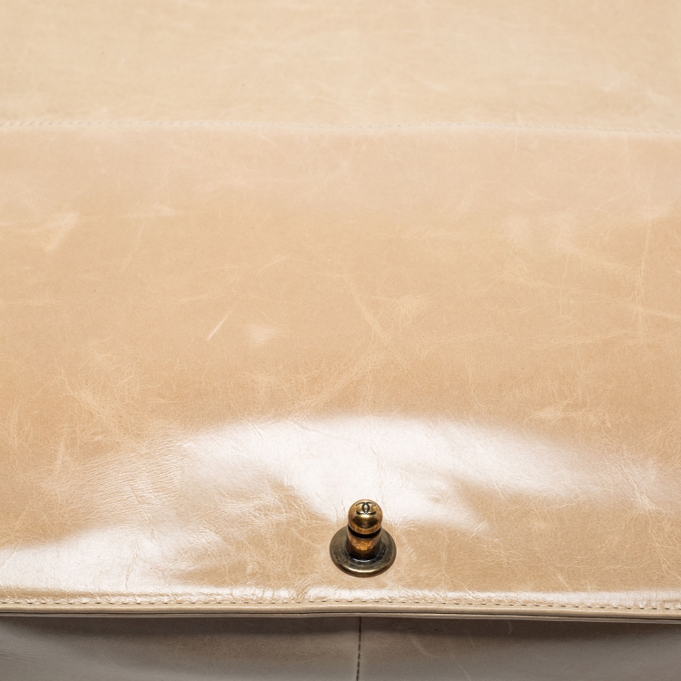 Pre Owned Chanel Two Tone Beige Quilted Glossy Leather Large Boy Flap Bag