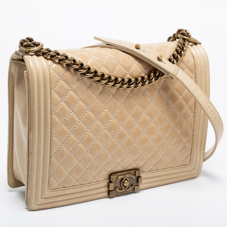 Pre Owned Chanel Two Tone Beige Quilted Glossy Leather Large Boy Flap Bag