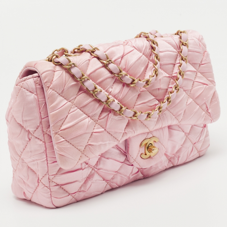 Pre Owned Chanel Pink Quilted Satin Flap Shoulder Bag