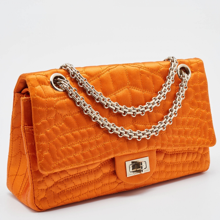 Pre Owned Chanel Orange Crocodile Quilted Satin 2.55 Reissue Classic 225 Flap Bag