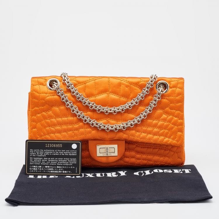 Pre Owned Chanel Orange Crocodile Quilted Satin 2.55 Reissue Classic 225 Flap Bag