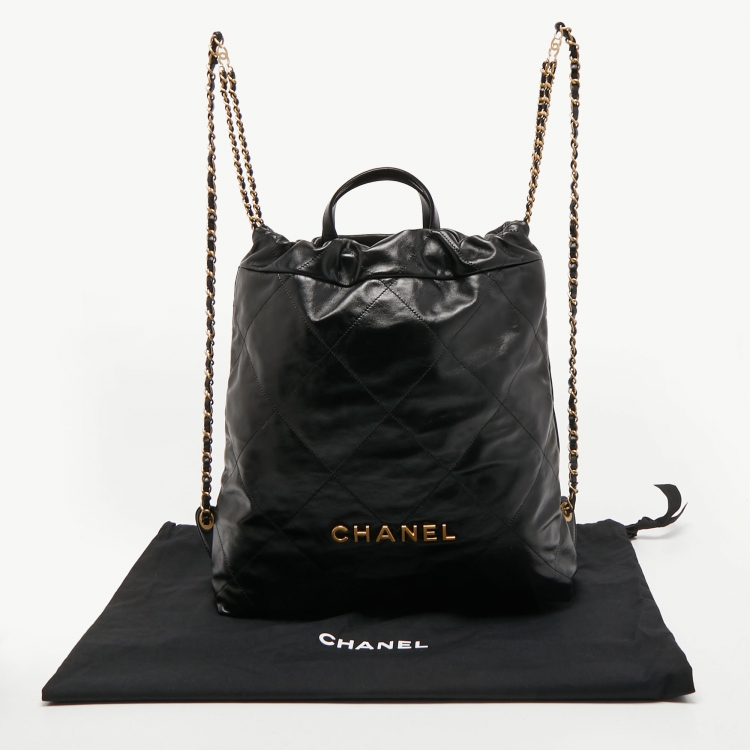 Pre Owned Chanel Black Shiny Quilted Leather 22 Backpack