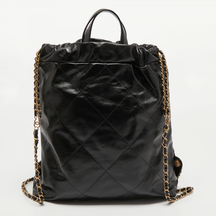 Pre Owned Chanel Black Shiny Quilted Leather 22 Backpack