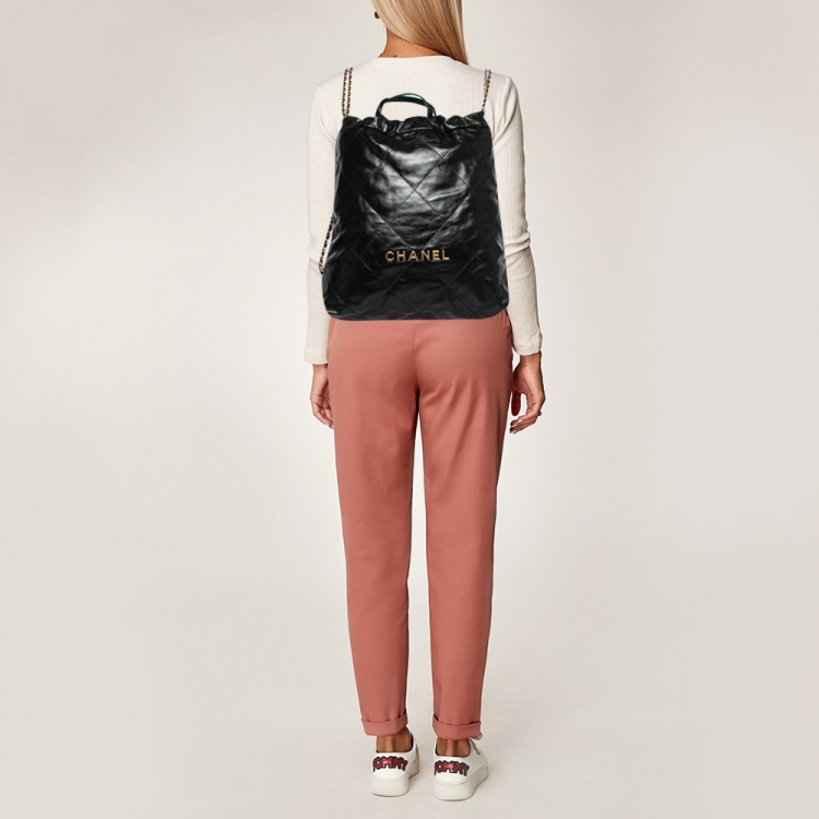 Pre Owned Chanel Black Shiny Quilted Leather 22 Backpack