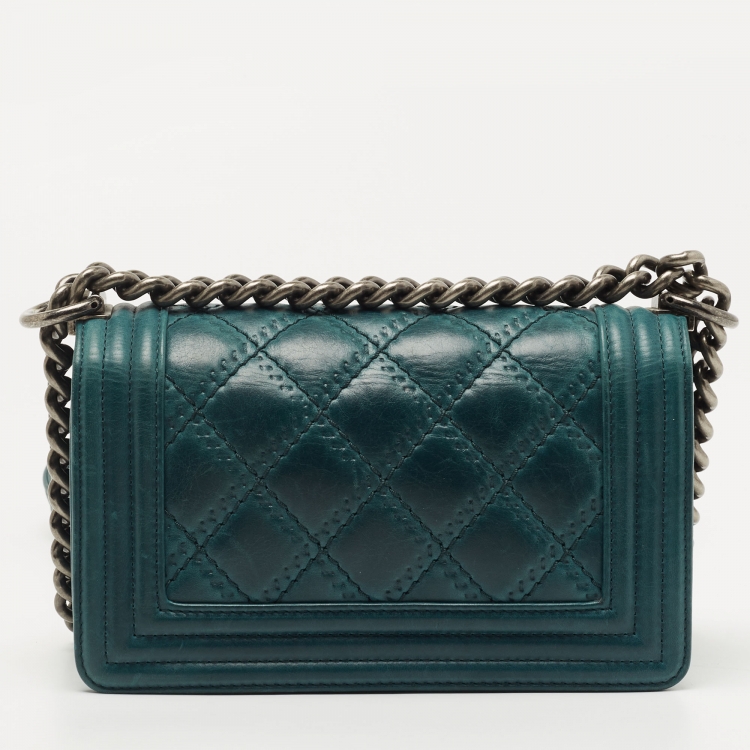 Pre Owned Chanel Green Quilted Leather Small Boy Flap Bag