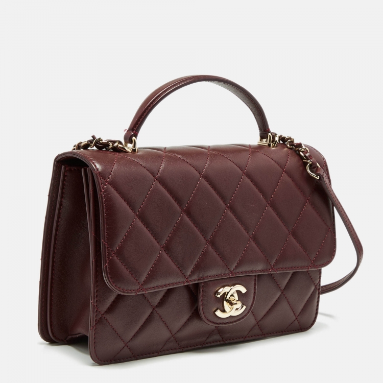 Pre Owned Chanel Burgundy Quilted Leather Classic Flap Top Handle Bag