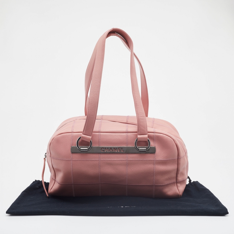 Pre Owned Chanel Pink Leather Square Quilt LAX Bowler Bag