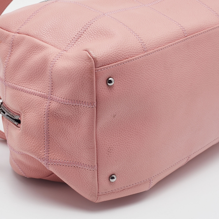 Pre Owned Chanel Pink Leather Square Quilt LAX Bowler Bag