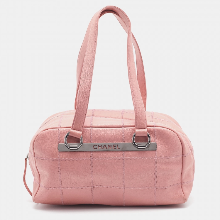 Pre Owned Chanel Pink Leather Square Quilt LAX Bowler Bag