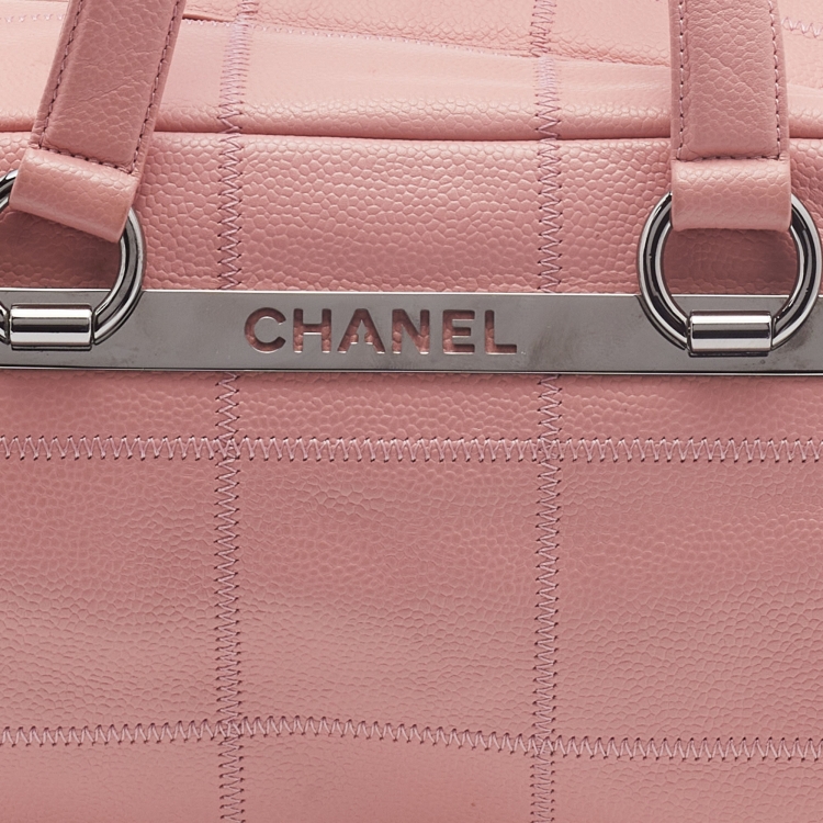 Pre Owned Chanel Pink Leather Square Quilt LAX Bowler Bag