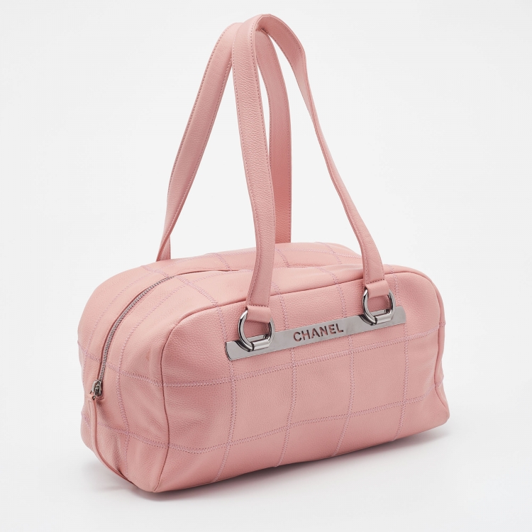 Pre Owned Chanel Pink Leather Square Quilt LAX Bowler Bag