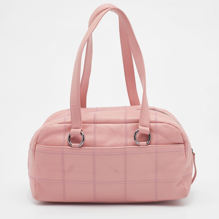 Pre Owned Chanel Pink Leather Square Quilt LAX Bowler Bag