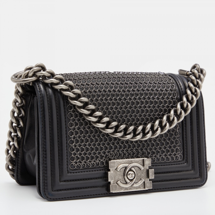 Pre Owned Chanel Black Leather Small Chainmail Boy Flap Bag